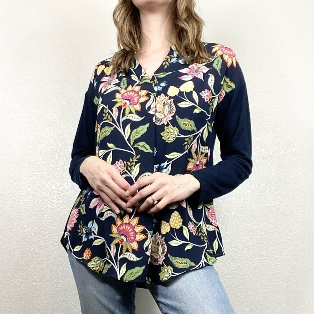Loft Navy Floral Paneled Long Sleeve Blouse